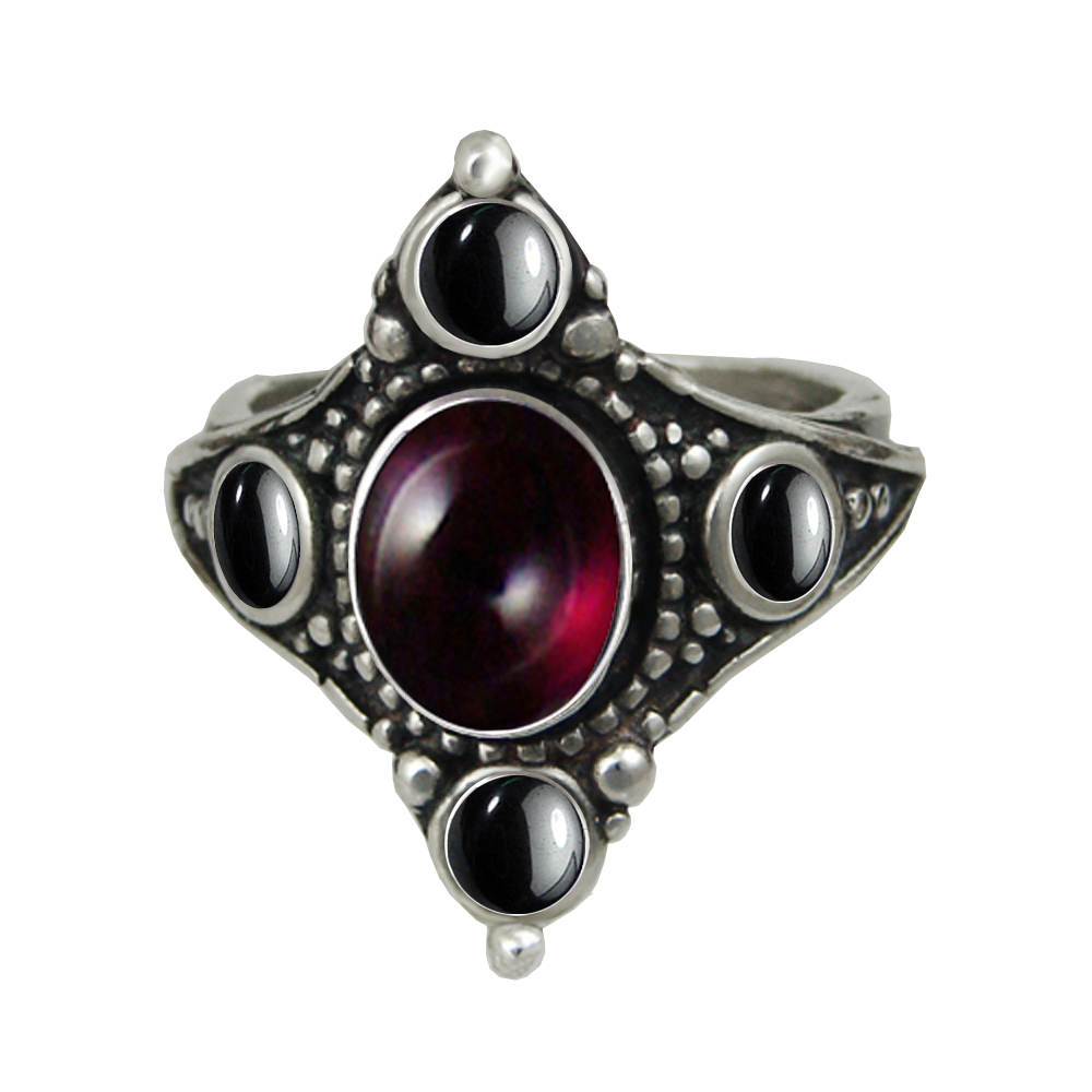 Sterling Silver Renaissance Queen's Ring With Garnet And Hematite Size 10